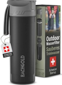 Zu sehen ist das AZ Produktbild zu folgendem Produkt: Bachgold® Profi Outdoor Wasserfilter Flasche [650ml] mit 1500L Filterkapazität