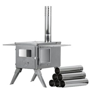 Zu sehen ist das Produktbild zu folgendem Produkt: CampFeuer Edelstahl Zeltofen | 51,5 x 42 x 216 cm | silber | Tragbarer Holzofen für Camping, Outdoor, Zelt | Zeltheizung Camping